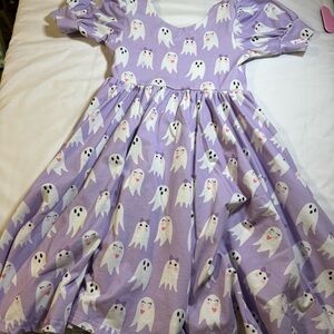 Adorable Purple Ghost Print Kids Casual Dress